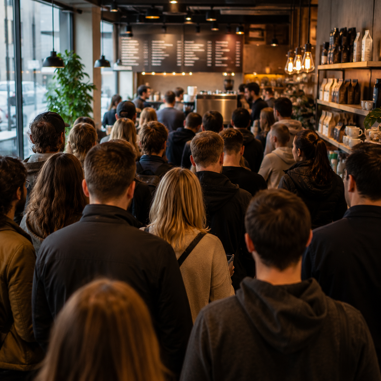 Viele Gäste warten während einer Stoßzeit in einem gut besuchten Coffee Shop