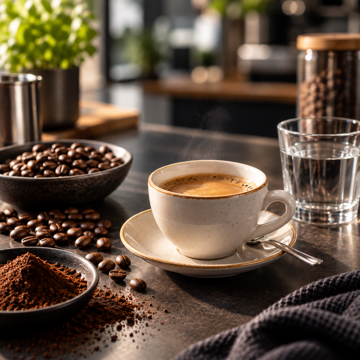 Tasse Kaffee mit Kaffeebohnen, Kaffeemehl und Wasser zur Analyse der Kaffeequalität