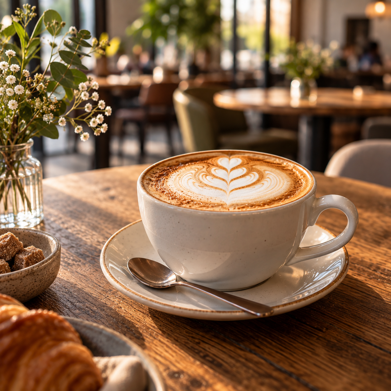 Guter Cappuccino mit cremigem Milchschaum auf einem Holztisch im Café