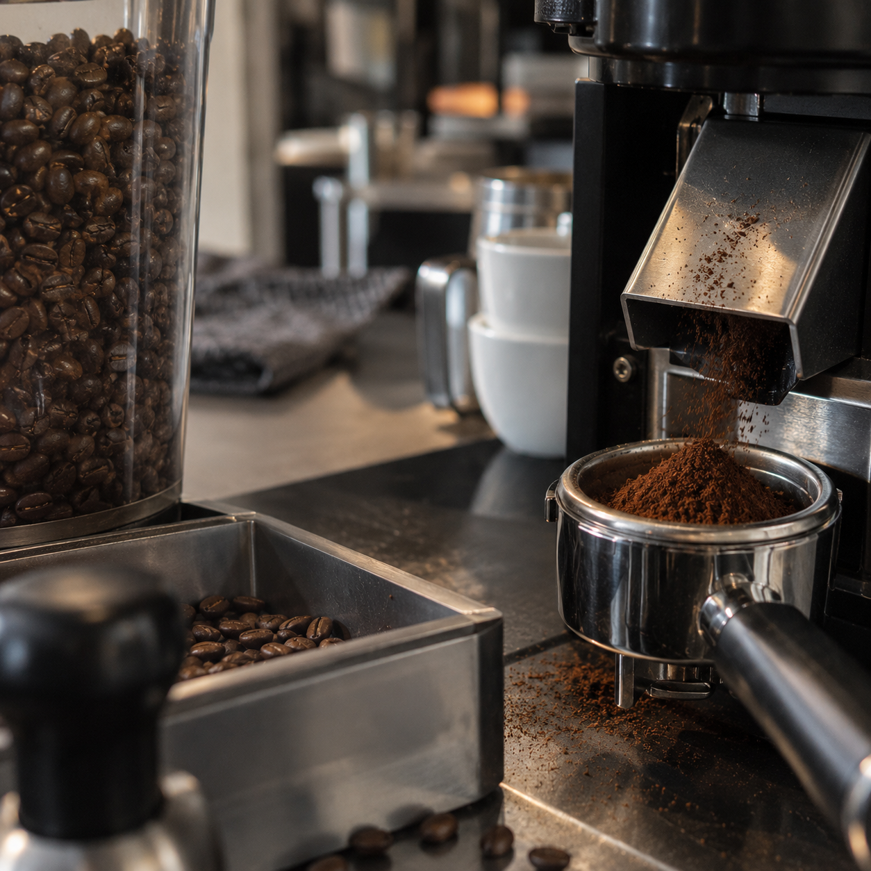 Frisch gemahlene Kaffeebohnen bei der Zubereitung in einer professionellen Kaffeemühle