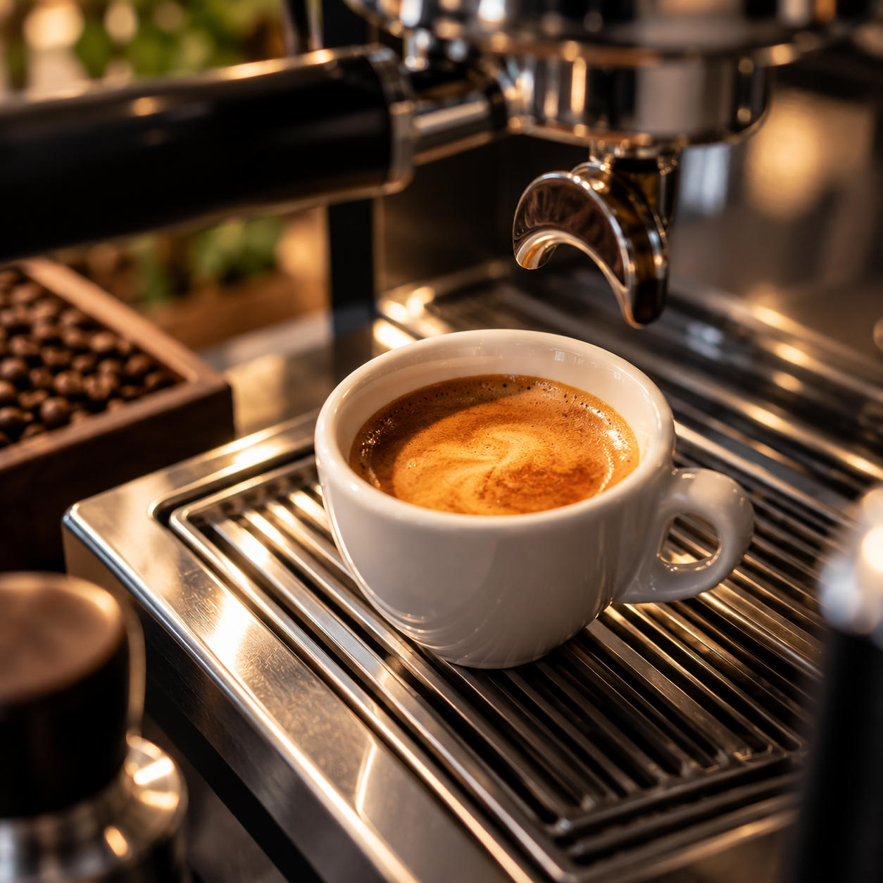 Frisch gebrühter Espresso mit goldbrauner Crema in einer weißen Tasse auf der Abtropfschale einer Kaffeemaschine