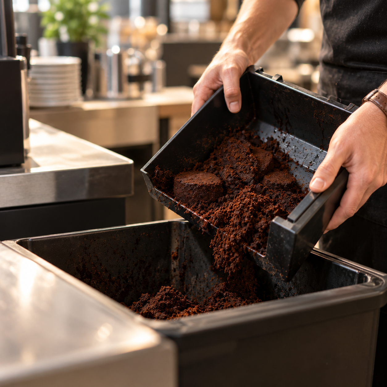 Hände entleeren einen Tresterbehälter mit Kaffeesatz und Kaffeepucks in einen Sammelbehälter
